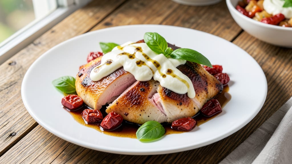 Balsamic Chicken, Mozzarella, and Tomato Recipe: Sun-Dried Tomato and Basil Bite