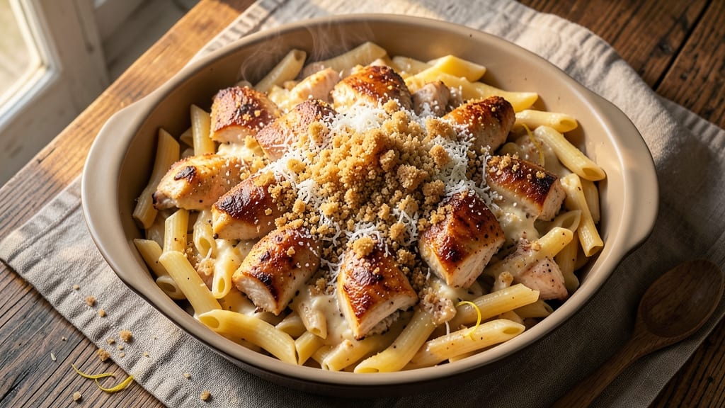 Baked Chicken Alfredo Penne Pasta Recipe: One-Pan Creamy Comfort with Crispy Top