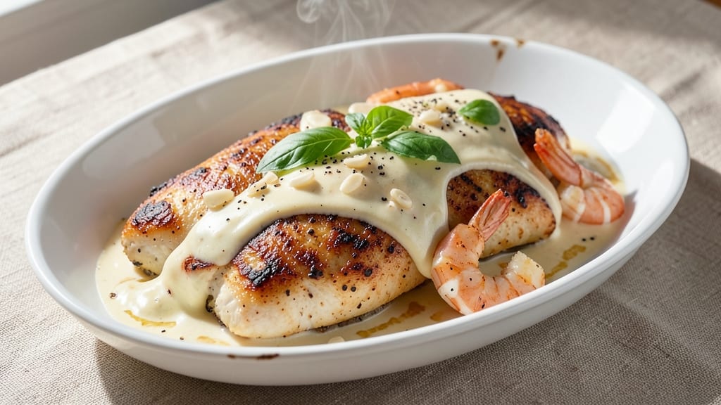 Baked Chicken and Shrimp Alfredo Recipe: Velvety Cream Sauce With Seafood Harmony